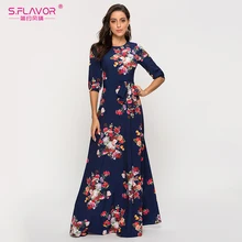 Женское длинное платье-трапеция S.FLAVOR, элегантное винтажное темно-синее платье макси с цветочным принтом, повседневное и праздничное простое платье с круглым вырезом