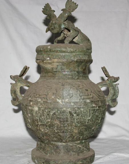 

JP S0524 18 Archaic Chinese Bronze Dynasty Palace Beast Handle Food Container Vessel Pot