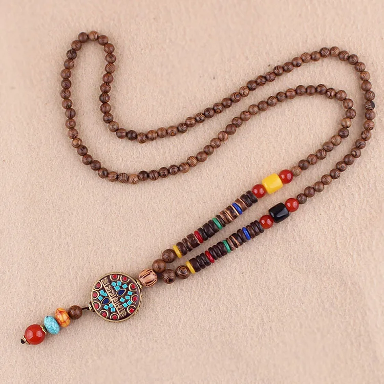 Qilmily Ретро этническое дерево лотоса будда Статуэтка-подвеска ожерелья для женщин непальская мантра Деревянный/стекло Бисер свитер цепь подарки