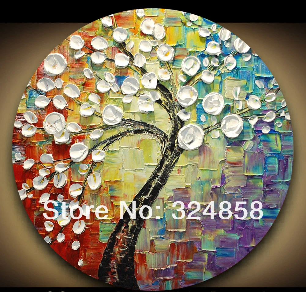 Original Framed Round Canvas Painting Abstract Modern White Texture