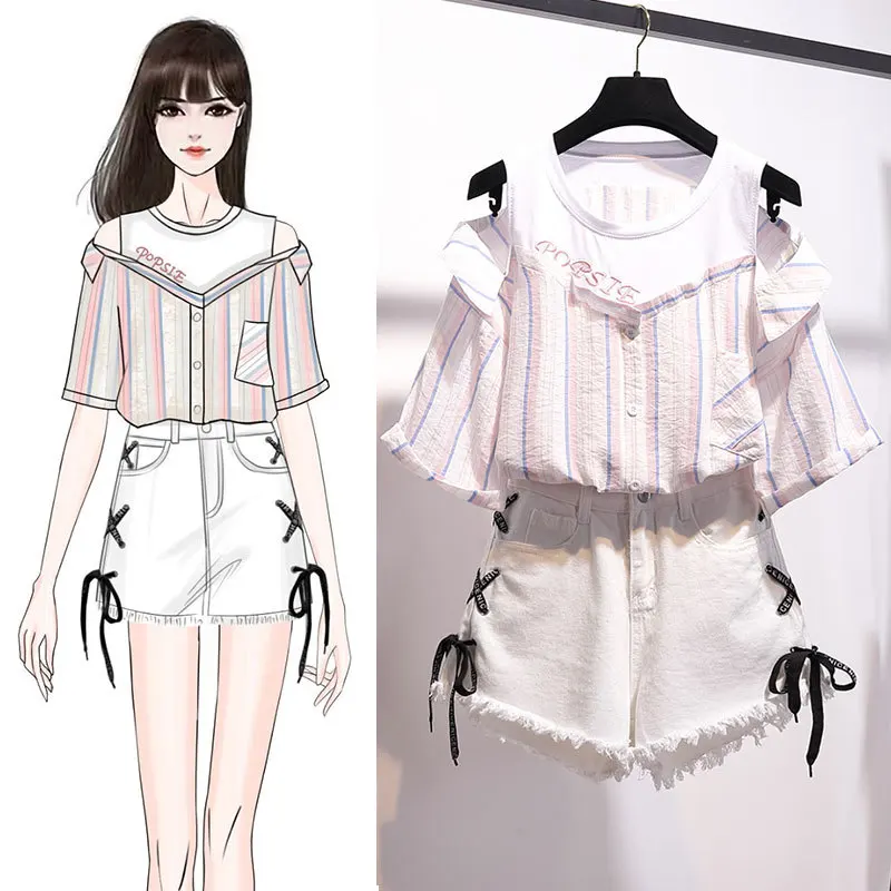 

ICHOIX 2 pieces shorts sets summer Sweet Korean off shoulder tops and shorts 2 pieces sets women clothing two pieces outfits