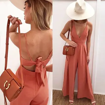 

2019 New Fashion Summer Women Beach Boho Style Jumpsuit Casual Loose Bow Lady Sleeveless Rompers Sexy Female Holiday Clothing