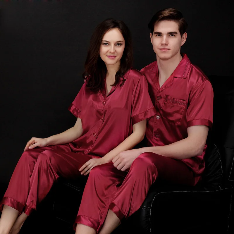 

Couples Satin Silky Like Summer Pajama sets Short Sleeve Sleepwear Soft Polyester Home Clothes for Men Women