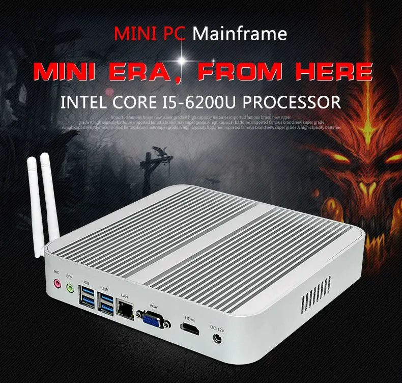 Skylake Fanless Mini PC CPU Core i5 6200U 6300U and i3 6100U Windows 10 Intel HD Graphics 520 6Gen 4K HTPC Desktop Computer wifi