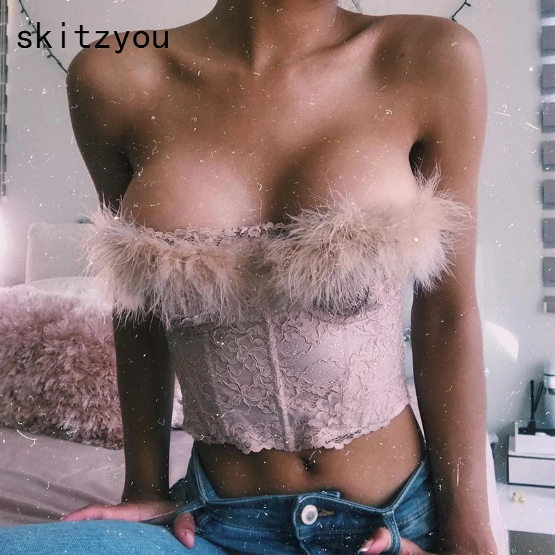 

skitzyou High Street Women Summer Sexy Lace Feather Party Tube Crop Top Strapless Slim Female Pink Black Beach Club Cropped Tees