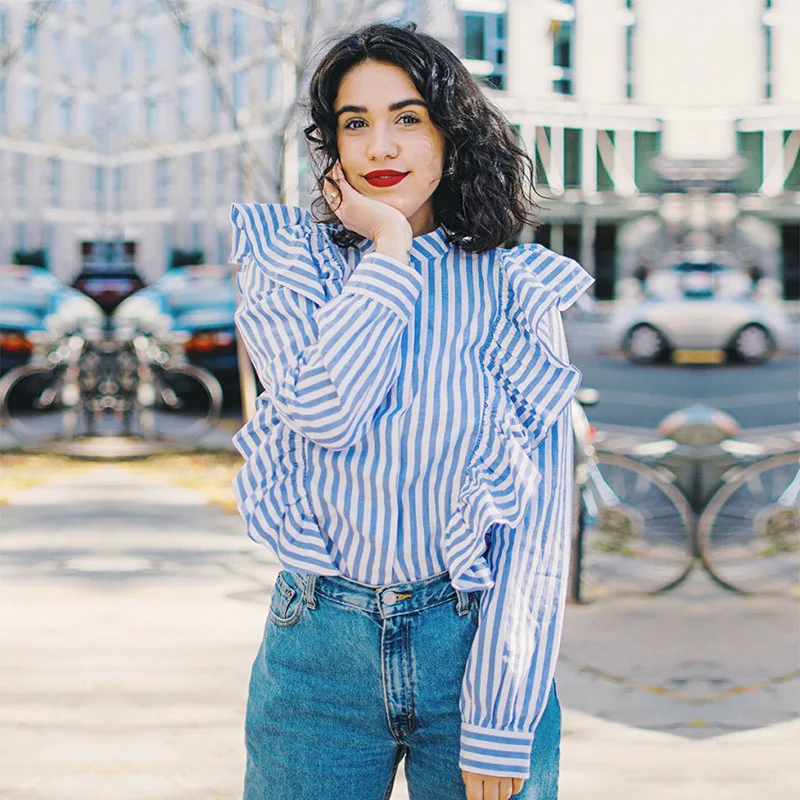 

New Europe and the explosion of long sleeved all-match collar falbala vertical stripes shirt Amazon aliexpress wiis