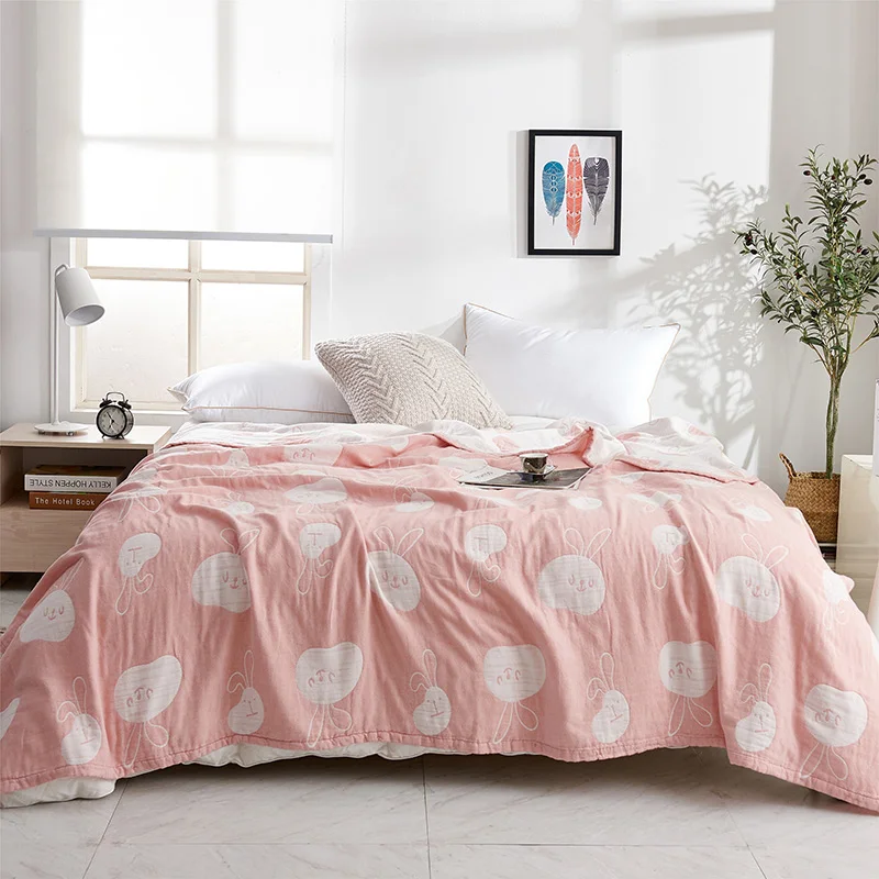 

iDouillet Lovely Rabbit Pattern Soft Cotton Muslin Blanket Throw Adult Bunny Thin Quilt Coverlet Kids Toddler Blankets Twin Full