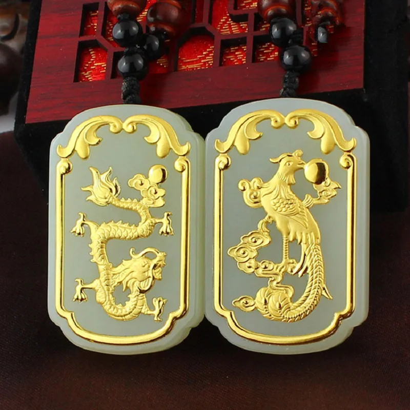 Natural White HeTian Yu + Full Gold Inlaid Carved Dragon Phoenix Style Lucky Pendant Necklace + Certificate Fashion Jewelry
