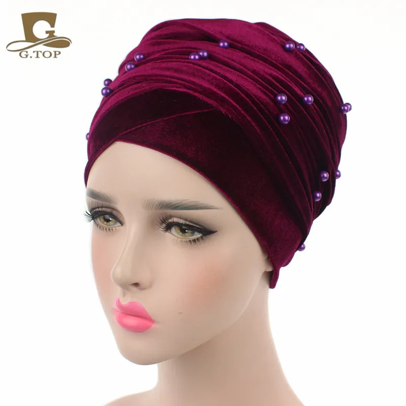 Новая роскошная женская бархатная головная повязка в виде чалмы, украшенная бусинами, с жемчужинами, удлиненная бархатная тюрбан хиджаб платок на голову