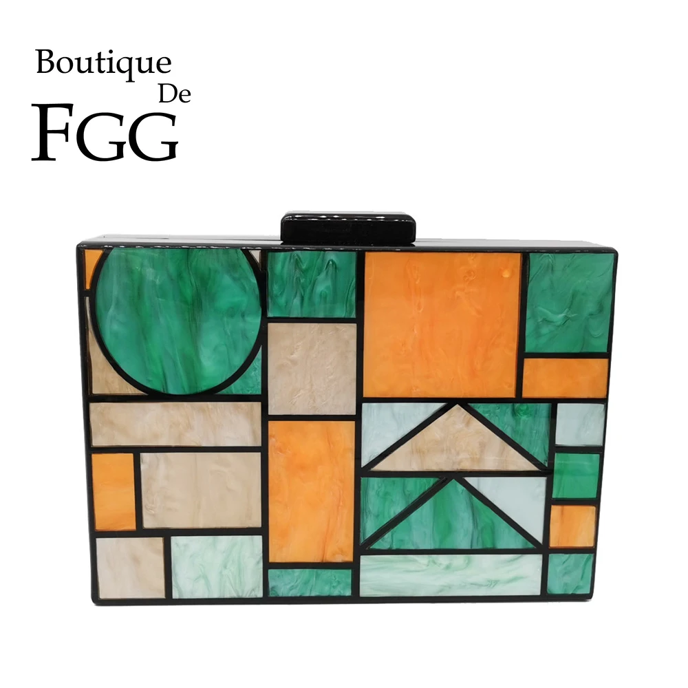 

Boutique De FGG Green Geometric Women Acrylic Box Clutch Evening Bags Hard Case Ladies Chain Shoulder Handbags and Purses