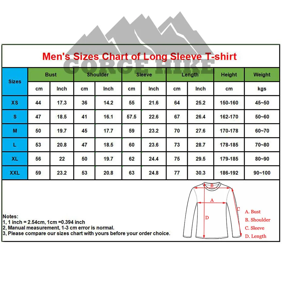 details of mens size chart long sleeve
