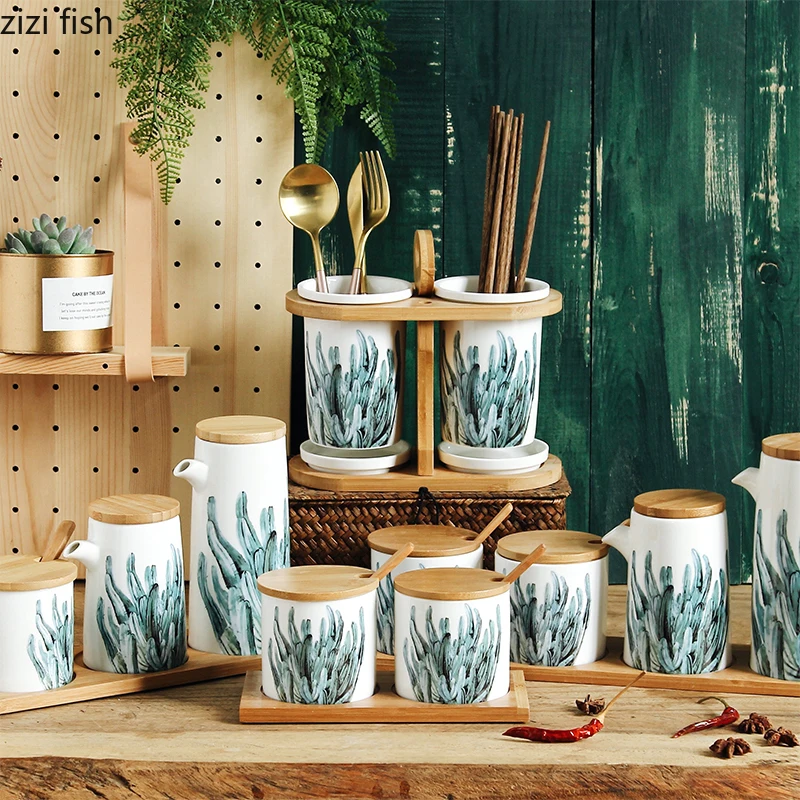 

Creative Cactus print seasoning box Suit Household combination Condiment bottles tank Kitchen storage organization ceramics salt