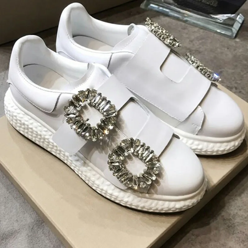 

Crystal Embellished Buckle Pattern Woman Shoes White Leather Woman Sneakers Round Toe Low Top Platform Brand Star Woman Flats