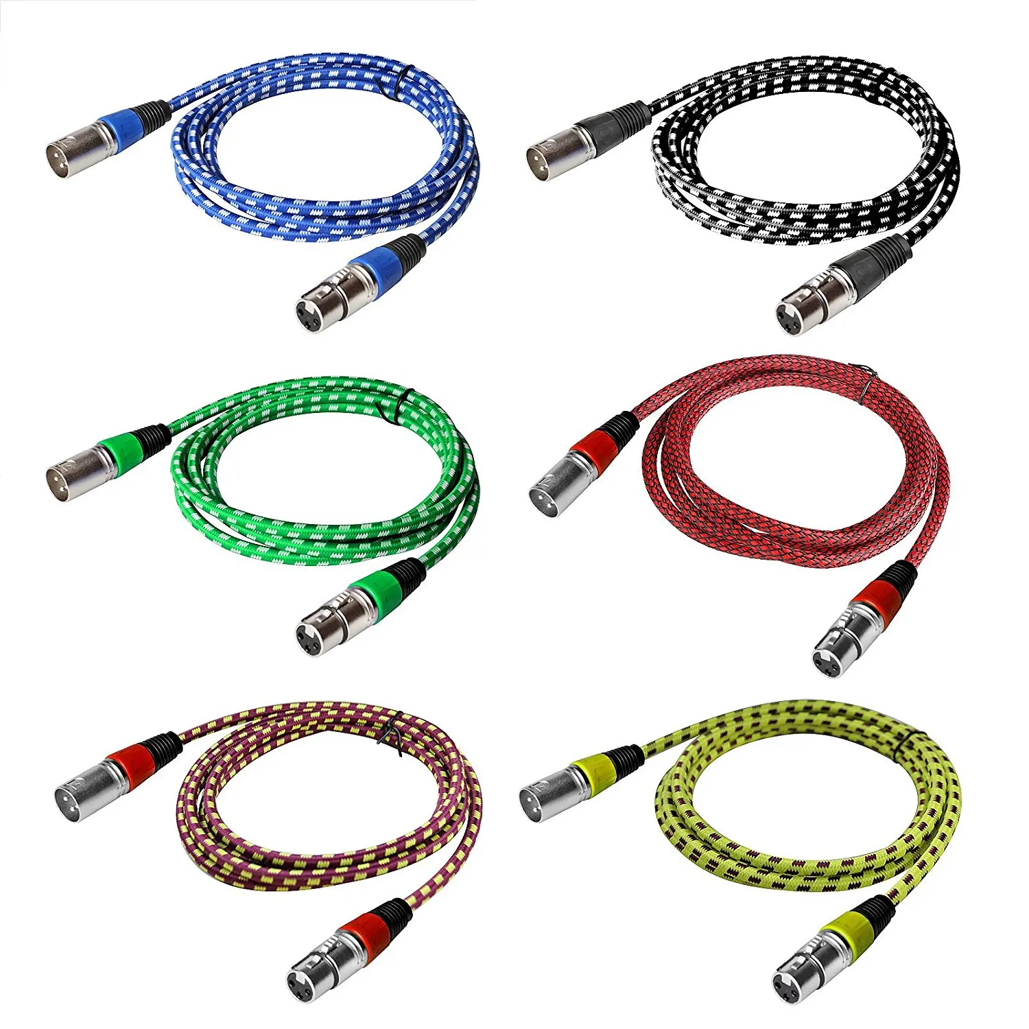 6Pack 6.5ft/2m 3pin DMX Cable XLR FemalEto XLR Male Signal Transmission Cable Colored Tweed