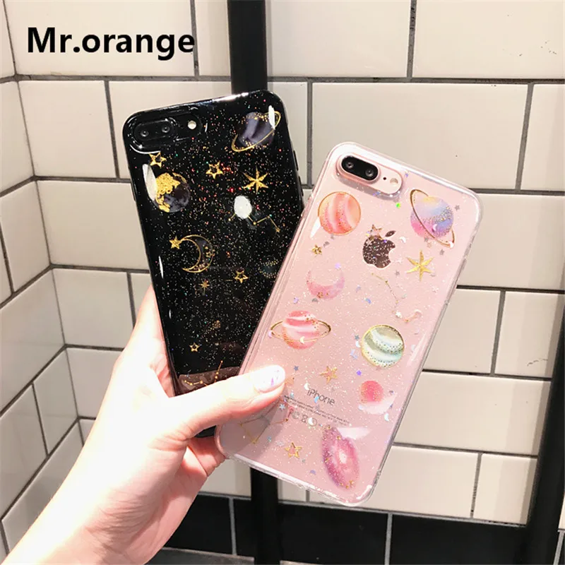 mr orange cute clear transparent crystal phone case for iphone 7 7plus 6 6s plus soft cover for girls stars space housing fundas
