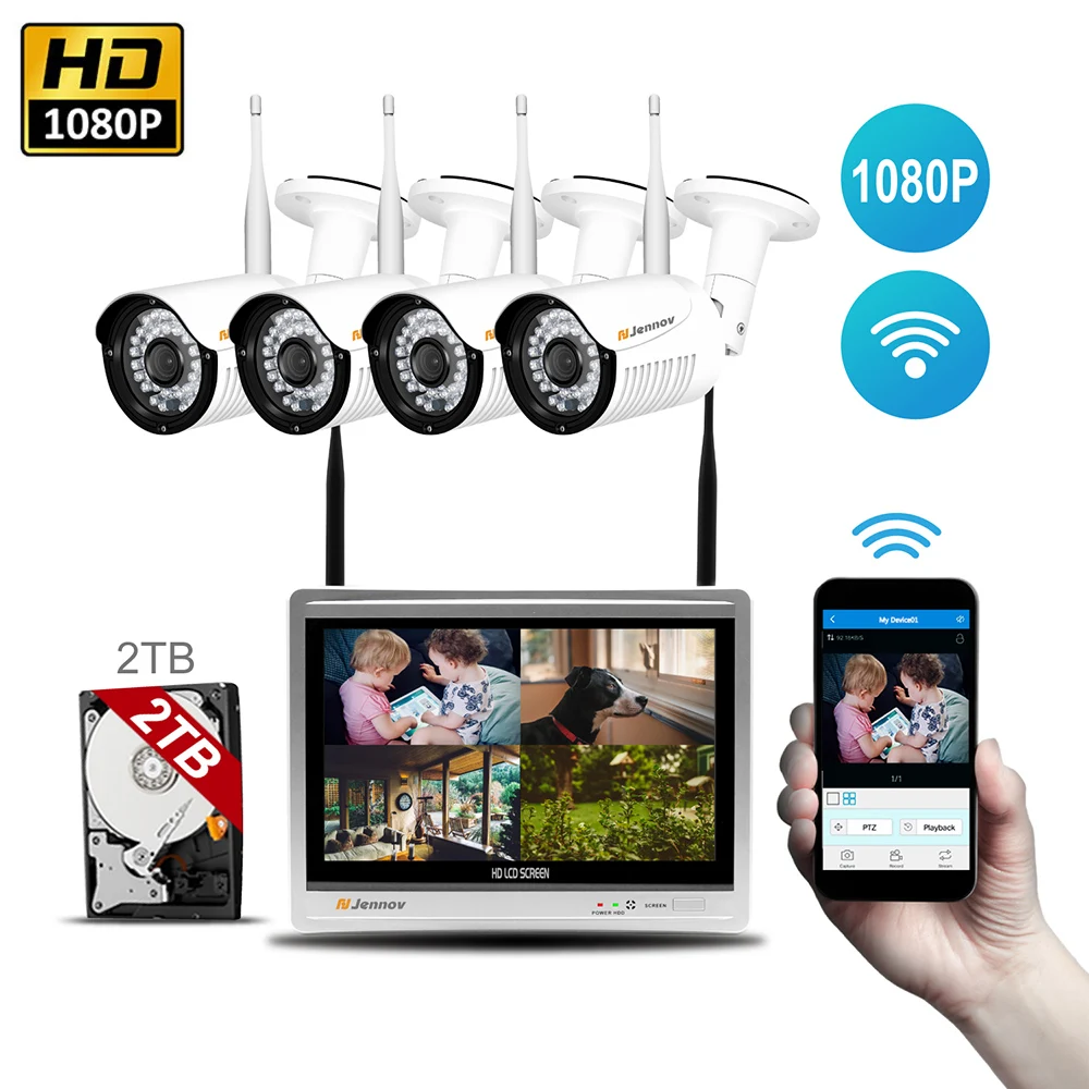 

Einnov 4CH 1080P 2MP Wireless Outdoor Security CCTV IP Camera System With NVR 12 inch LCD P2P Wifi Home Video Surveillance Kit