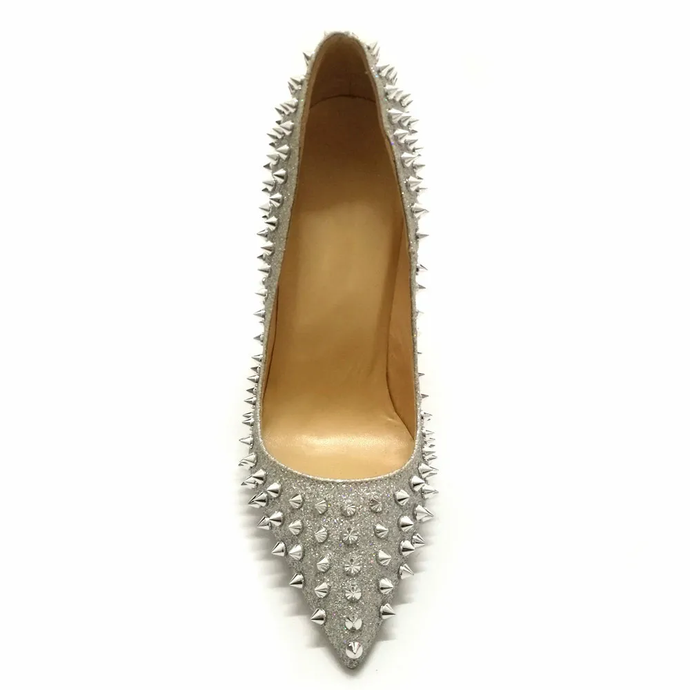 Genuine Leather Glitter Spikes Women Summer Shoes Studded Rivets Silver Gold Heels Shoes Women Large Size 34-45 Stiletto Shoes
