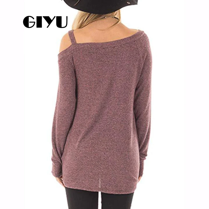 GIYU Autumn Solid Cold Shoulder Hoodies Women Long Sleeve Tee Casual Basic Sweatshirt Ruched Female camiseta mujer
