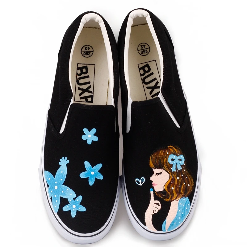 

Women Fashion Designers Black Canvas Shoes Cartoon Shallow 2019 Summer Sneakers Hand-Painted Student Casual Slip-On Low Flats