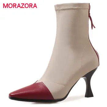 

MORAZORA 2018 new fashion autumn winter square toe ankle boots for women stretch fabric+genuine leather boots high heel boots