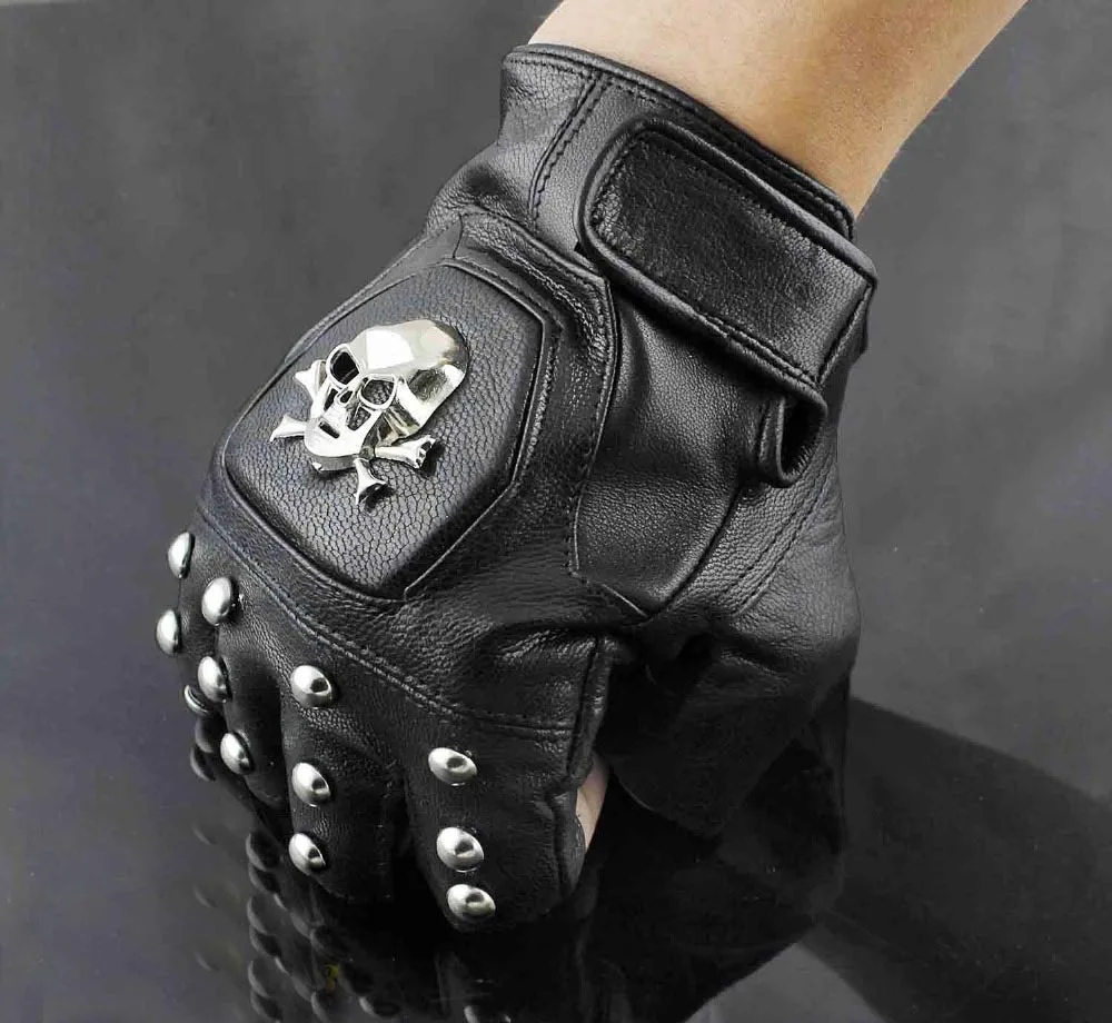 Men's Punk Rocker Leather The skull Motorcycle Biker Driving Fingerless