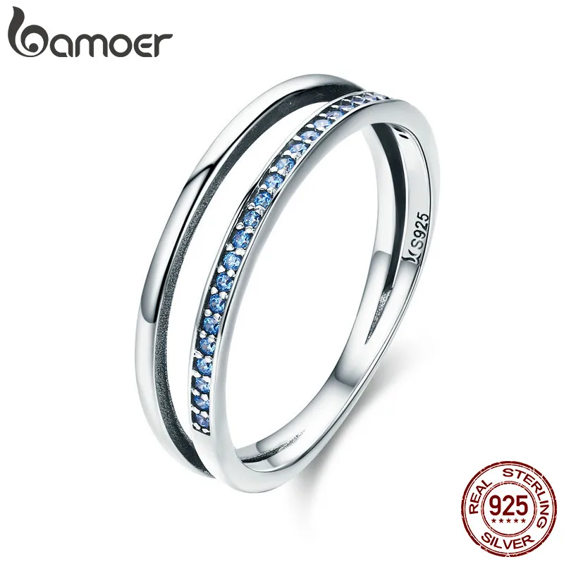 

BAMOER Hot Sale 100% 925 Sterling Silver Stackable Blue CZ Double Circle Layers Ring for Women Authentic Silver Jewelry SCR293