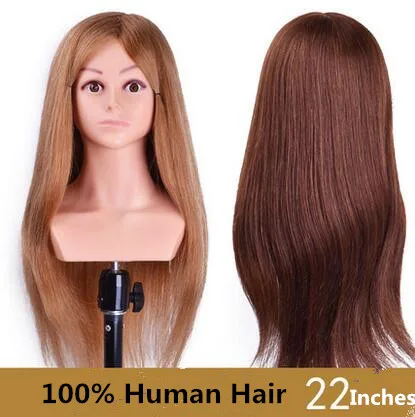 

22" best 100% Human Hair Mannequin Head Hairdressing Practice can be color bleach and dye For Hairdresser Dolls Training Head