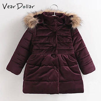 

VearDoller Winter Warm Coat Solid Children Hooded Down with Fur Collar Bow Baby Thick Jacket Outwear 2018 New Fashion Girl Parka