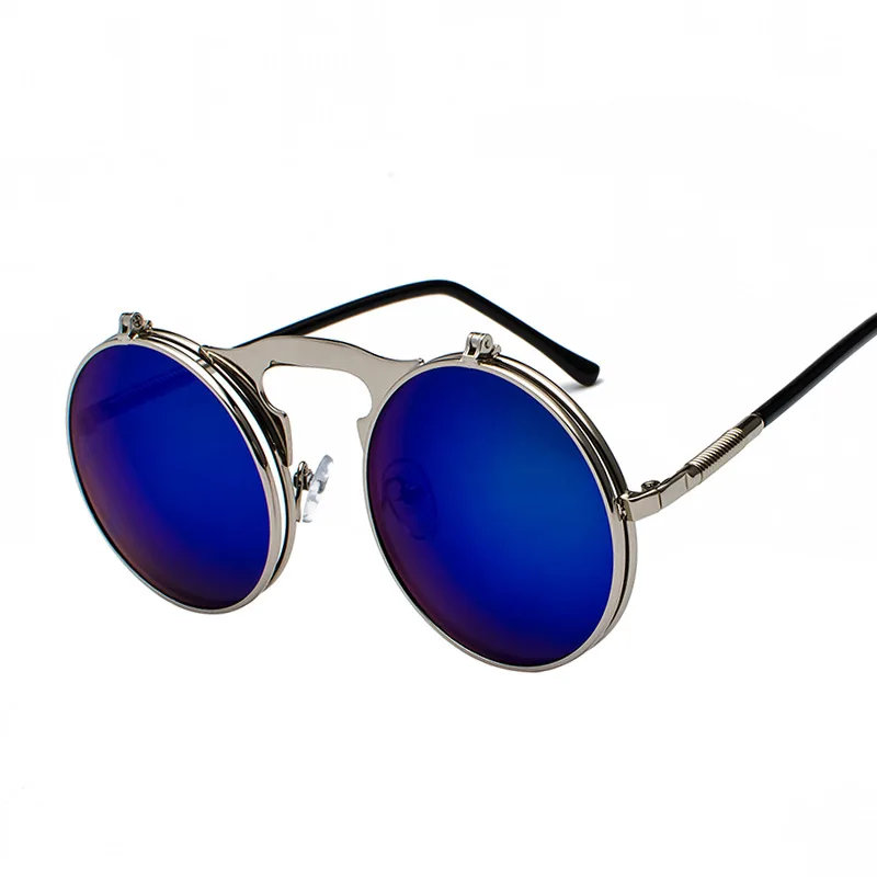 Солнцезащитные очки с откидной крышкой в стиле стимпанк, Ретро стиль, круглая металлическая оправа, раскладушка, двойные линзы, солнцезащитные очки для мужчин и женщин - Цвет линз: C4Silver.Blue reflec