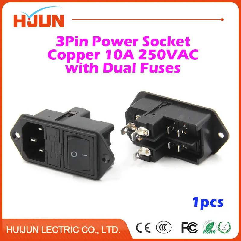 1Pcs High Quality 3 Pin Safe Male Power Socket Dual Fuses Copper Black