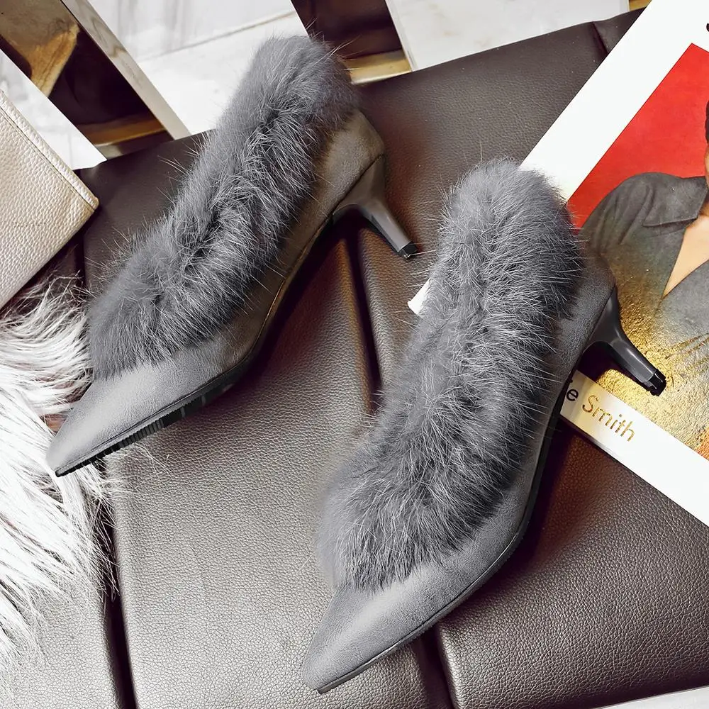 Pointu Dame Grande Fourrure Noir gris Talons Femmes Noir Haut De 3 Haute Annymoli Printemps 46 12 Gris Pompes Chaussures Bout Stiletto Casual Taille 74nPW1Ca