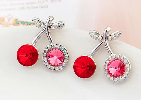Женские корейские японские серьги Вишенки с кристаллами Swarovski милые растениями