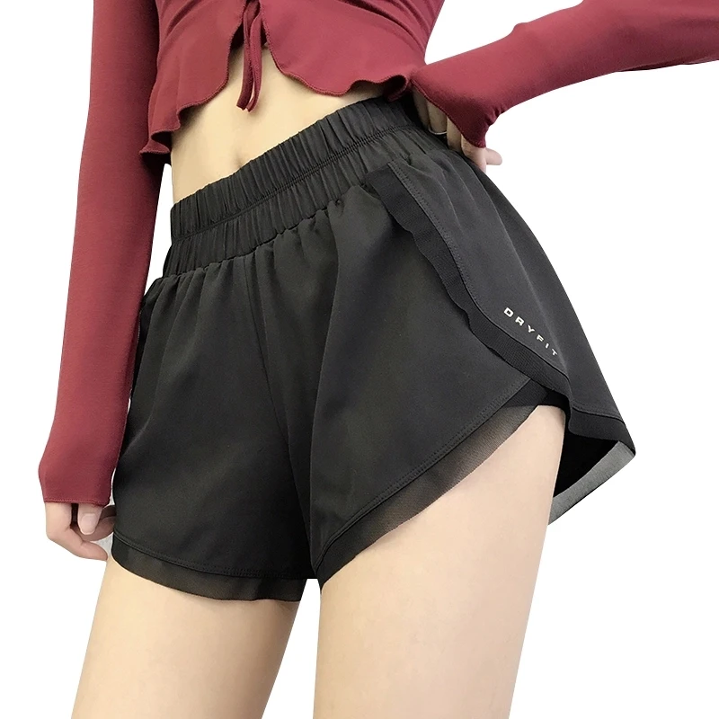 

Woman Loose Fit Mesh Insert Elastic Wasit Quick Dry Gym Running Marathon Gymnastic Shorts
