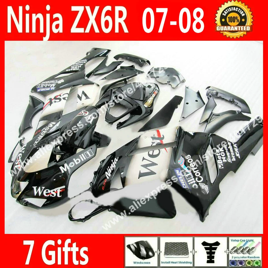 

Free custom Fairings for Kawasaki Ninja ZX-6R 636 ZX 6R 2007 2008 ZX6R 07 08 black white WEST fairing kits 7 gift GK38