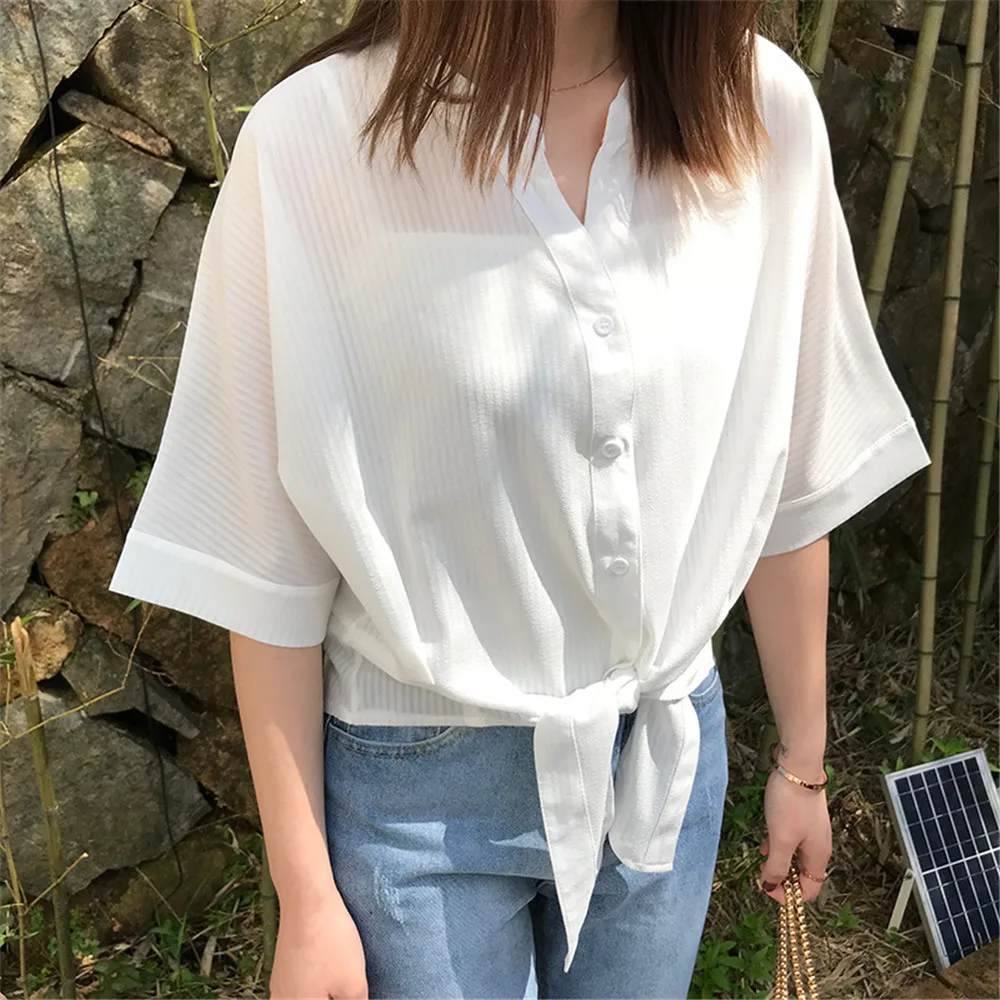 Short Style Loose Chest Women Blouse Shirt 2018 Summer V Neck Casual Short Shirt Chiffon Half Sleeve Dating Blouse campus Shirt (29)