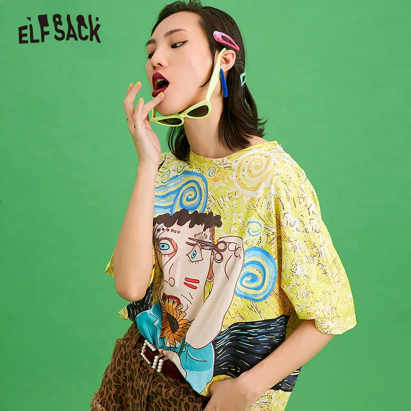 Женские свободные топы из хлопка ELF SACK, повседневная уличная женская футболка большого размера, топы с аппликацией подсолнуха для весны и лета