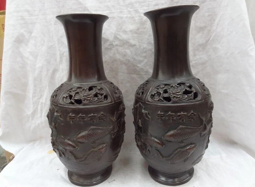 

song voge gem S3852 13" Folk Chinese Bronze Wealth Lotus Fish Statue Twin Flower Pot Vase Pair