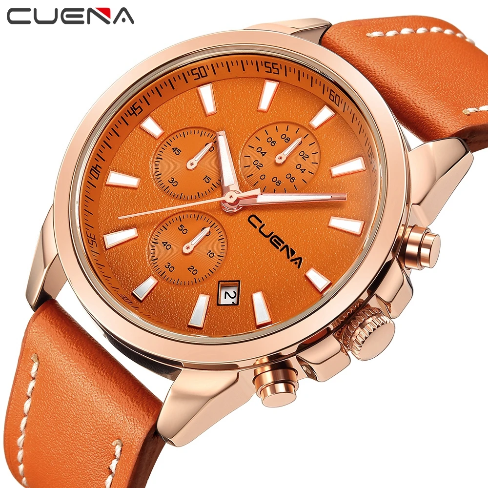 Новые часы Для мужчин модные Повседневное хронограф наручные Спорт Календарь кожаный мужской часы оранжевый Hodinky Horloges Mannens Saat