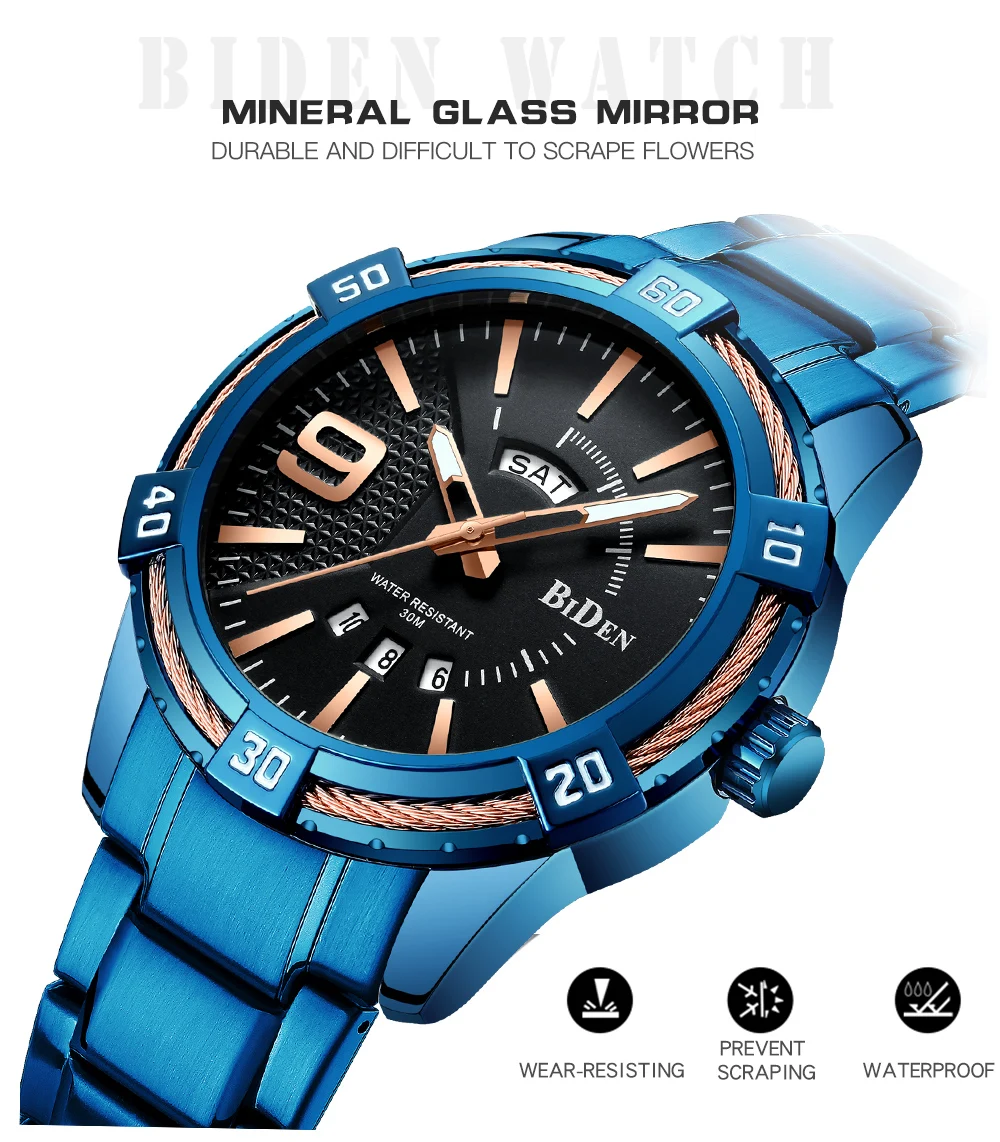 2019 Men Fashion Quartz Watch Blue Stainless Steel Strap Date Week Display Casual Mens Watches Top Brand Luxury Analog Clock