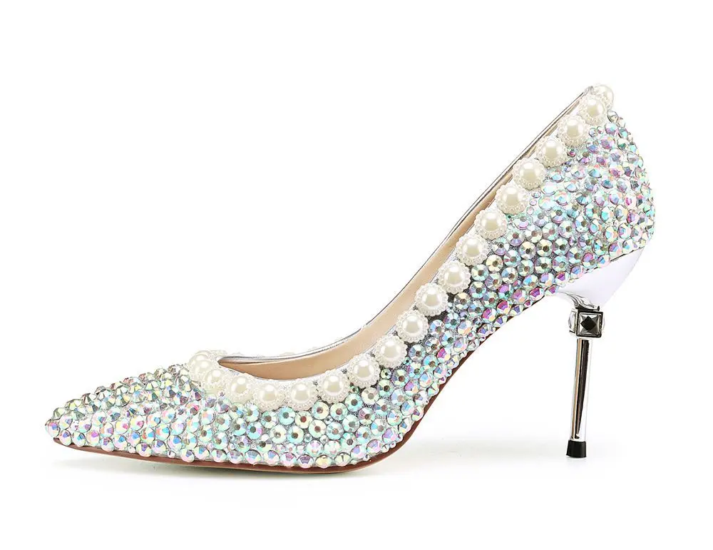 

Women Bling Bling Crystal Embellished Pointed Toe Shallow Pumps Summer Slip On Pearls Decoration High Metal Heel Dress Shoes