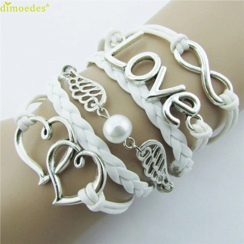 

Diomedes Newest DIY Style Jewelry Fashion Leather Cute Heart Wing Imitation Pearl Bracelet Sexy Charm Bracelet For Women