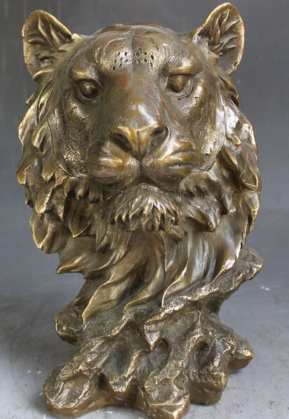 

wan67001+++10" Chinese Fengshui Bronze Africa Leopard Panther Lion Leo Head Bust Statue