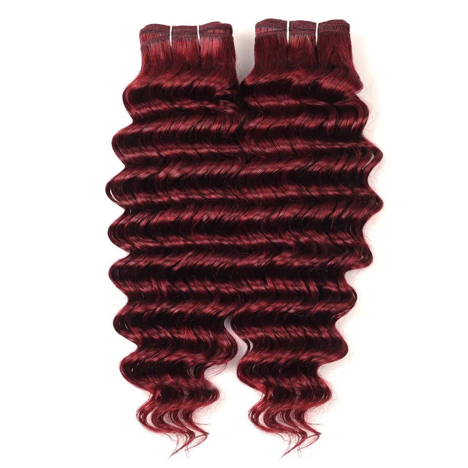 Pinshair Pre-Colored Red Human Hair With Closure 99J Brazilian Deep Wave 3 Bundle With Lace Closure Burgundy Thick Hair Non Remy (8)