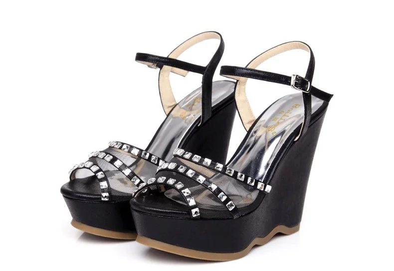 40_2016 Summer Fashion Elegant Footwear Peep Toe Black High Heeled Platform Sandals Silver Diamond Wedges Shoes Women Small Size