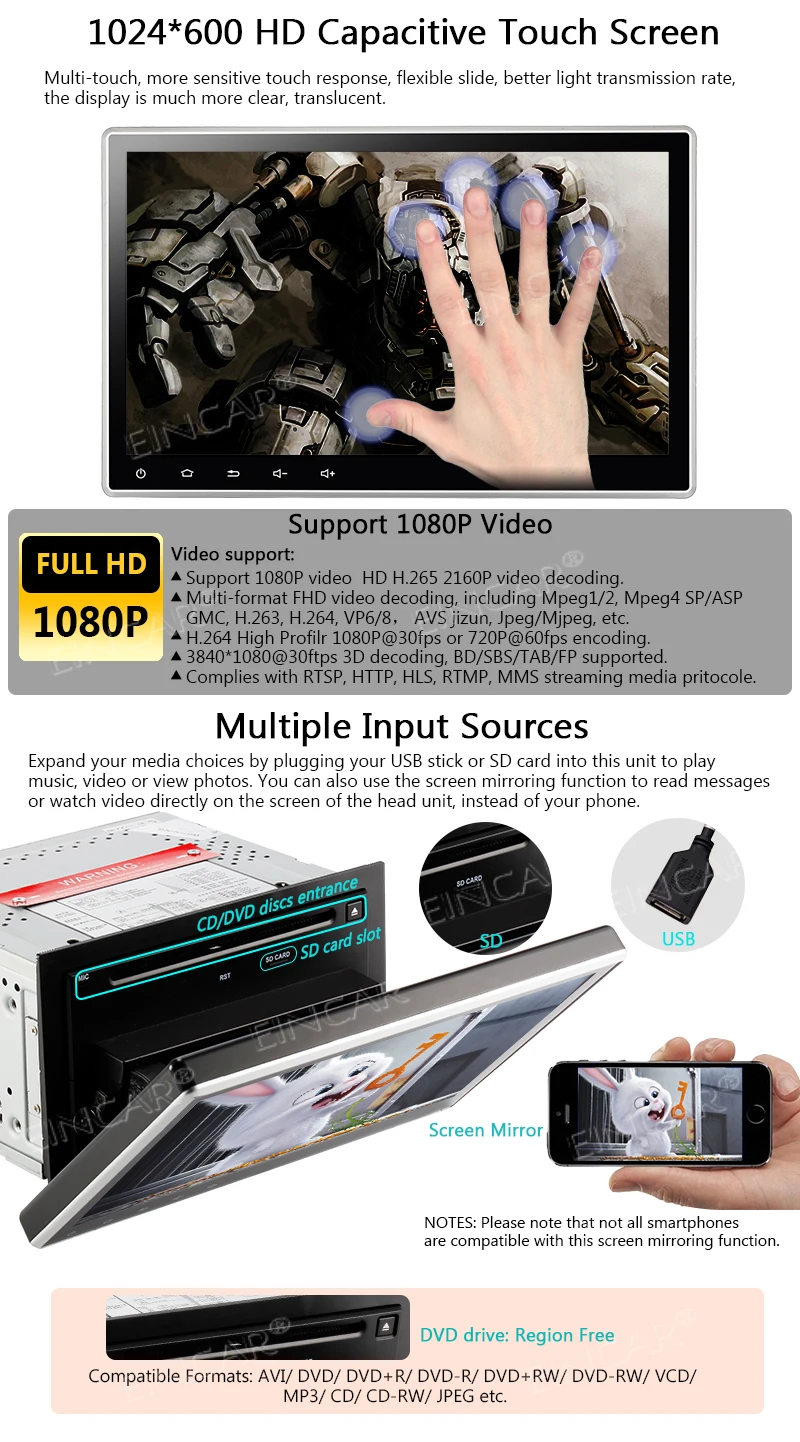 Best EinCar 10.1 Inch 2G RAM Android 7.1 HD 1024x600 Capacitive Touch Screen 2 DIN Car Stereo Radio Receiver DVD CD Player GPS Navi 3