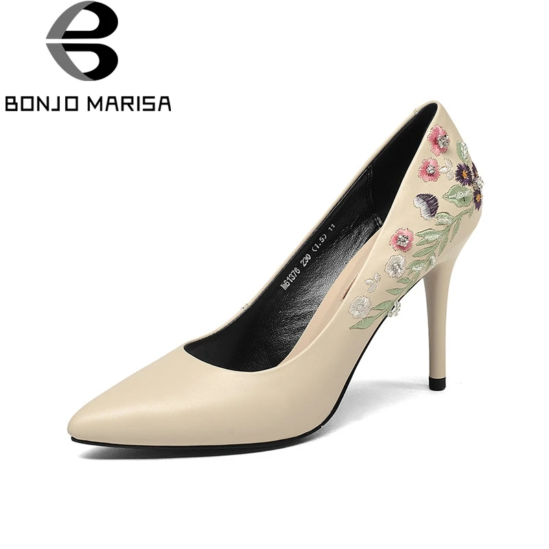 BONJOMARISA 2018 Spring Autumn Fashion Embroider Cow Leather Women Pumps Shallow High Heels Ol Shoes Woman