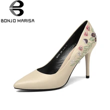 BONJOMARISA 2018 Spring Autumn Fashion Embroider Cow Leather Women Pumps Shallow High Heels Ol Shoes Woman