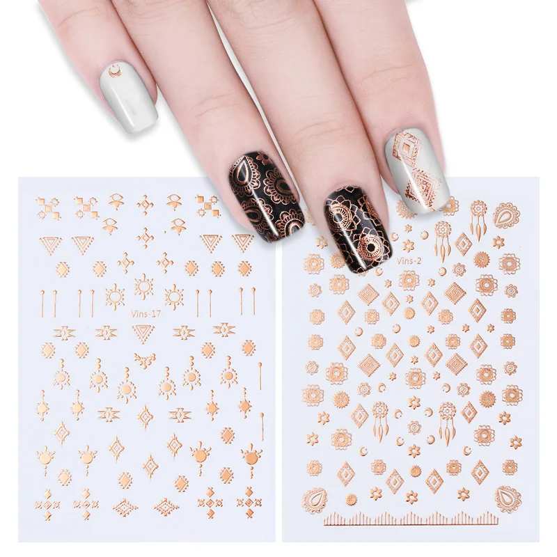 2Pcs Metallic Rose Gold 3D Nail Stickers Tribal Nail Art Adhesive ...