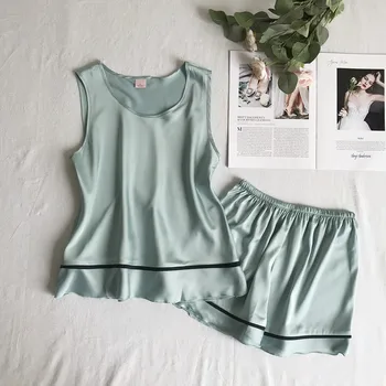 

Sexy Sleeveless 2PCS Pajamas Suit Nightgown Women Casual Home Clothes Sleep Set Summer New Satin Sleepwear Intimate Lingerie