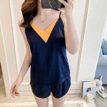 

2020 Spring Summer Women Pajamas Set Silky Satin Strap Top&Shorts Home Wear Sexy 2PCS Sleepwear Casual Nightwear Size M L XL